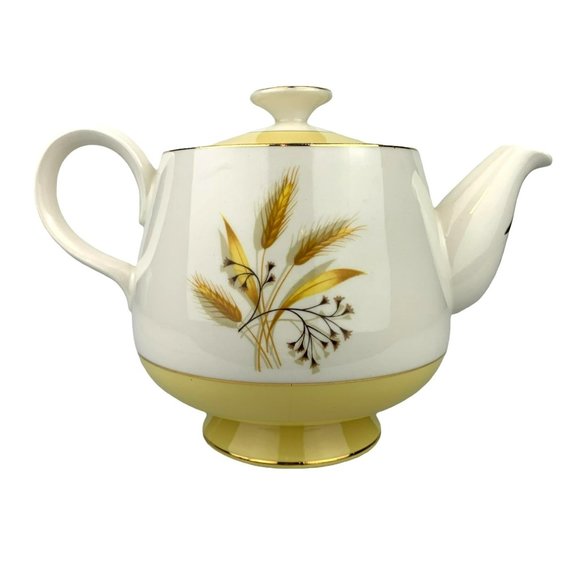 Vtg Teapot Century Service Autumn Gold Wheat Yellow White Fall Homer Laughlin - Picture 1 of 11